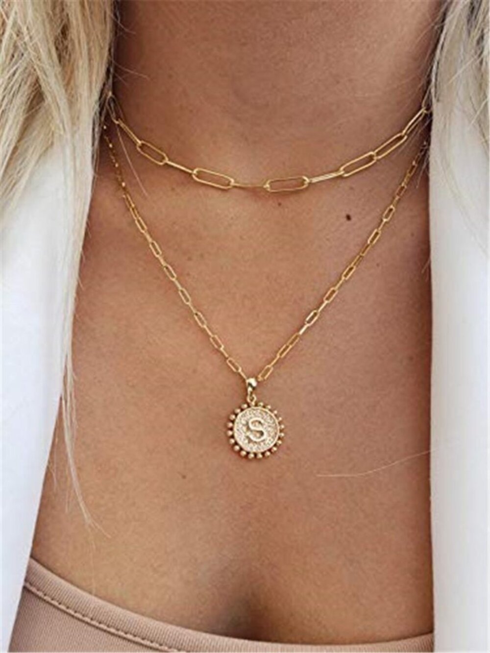 Necklaces for Women Trendy - 14K Gold-Plated Dainty Layered Initial Chain Coin